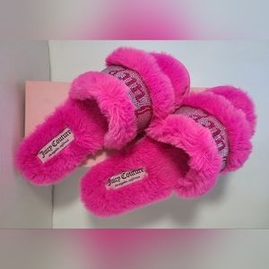 NIB Juicy Couture House Slippers Hot Pink Fuzzy Open Toe Rhinestone Logo Size 10